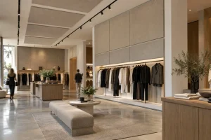 Fabric acoustic panels integrated into a contemporary retail shop interior