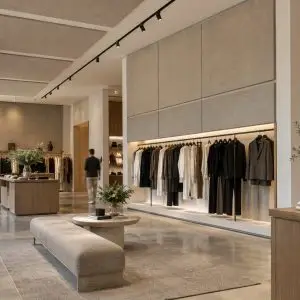 Fabric acoustic panels integrated into a contemporary retail shop interior