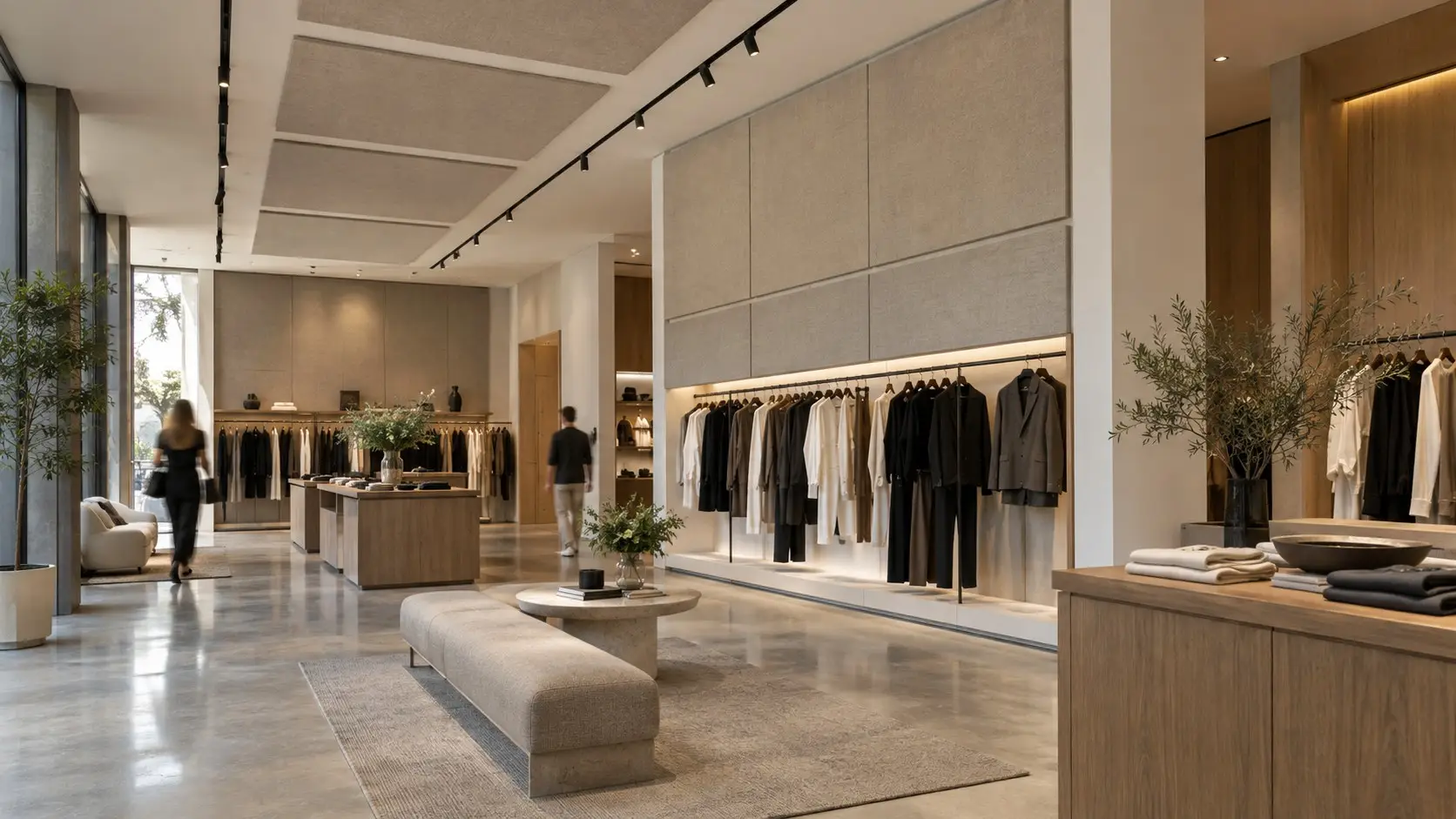 Fabric acoustic panels integrated into a contemporary retail shop interior