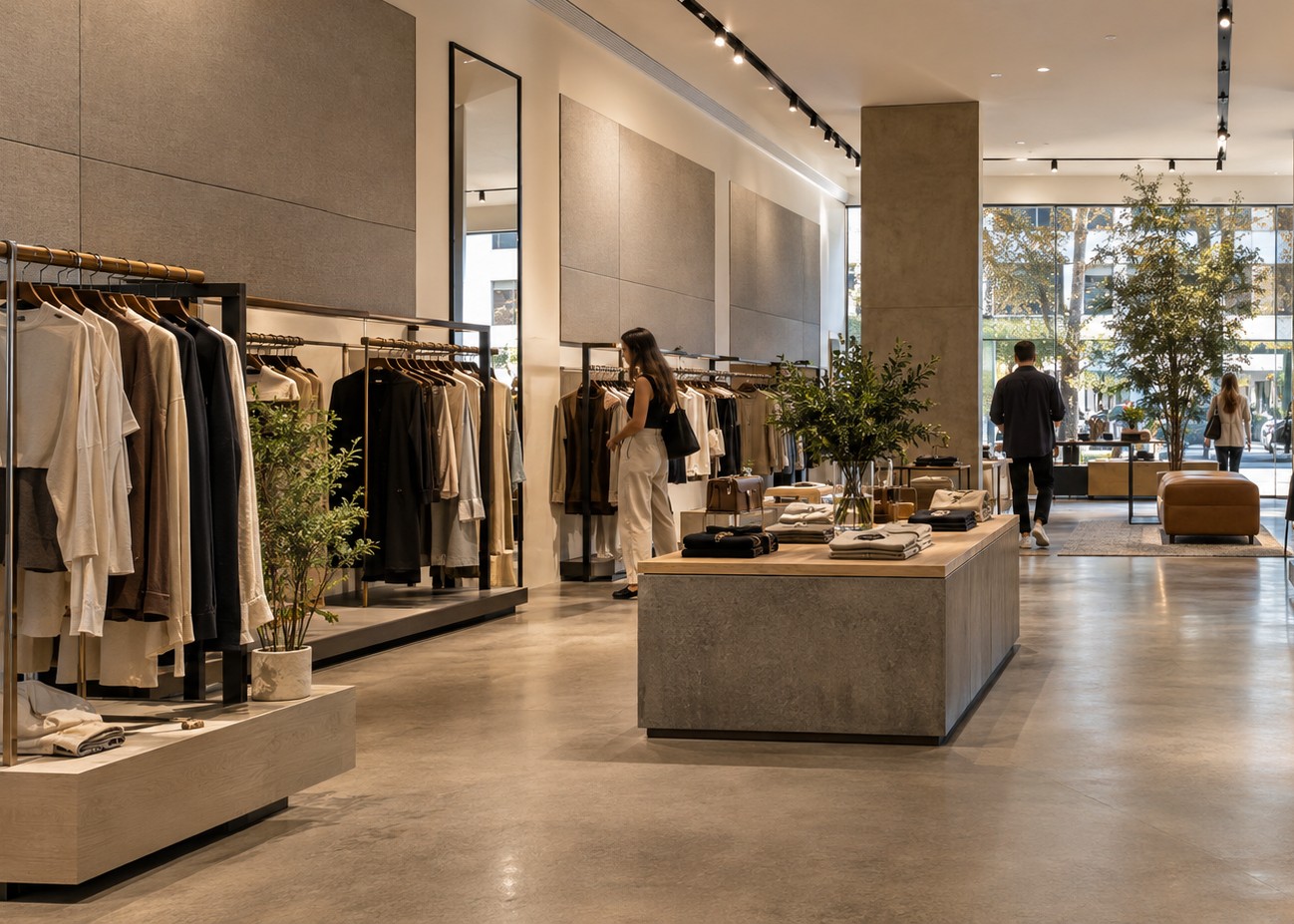Fabric acoustic panels installed in a contemporary retail shop interior
