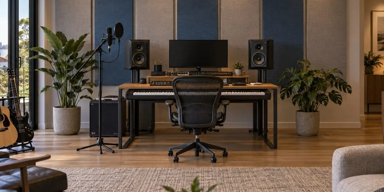 Sontext fabric acoustic panels integrated into a modern home music studio