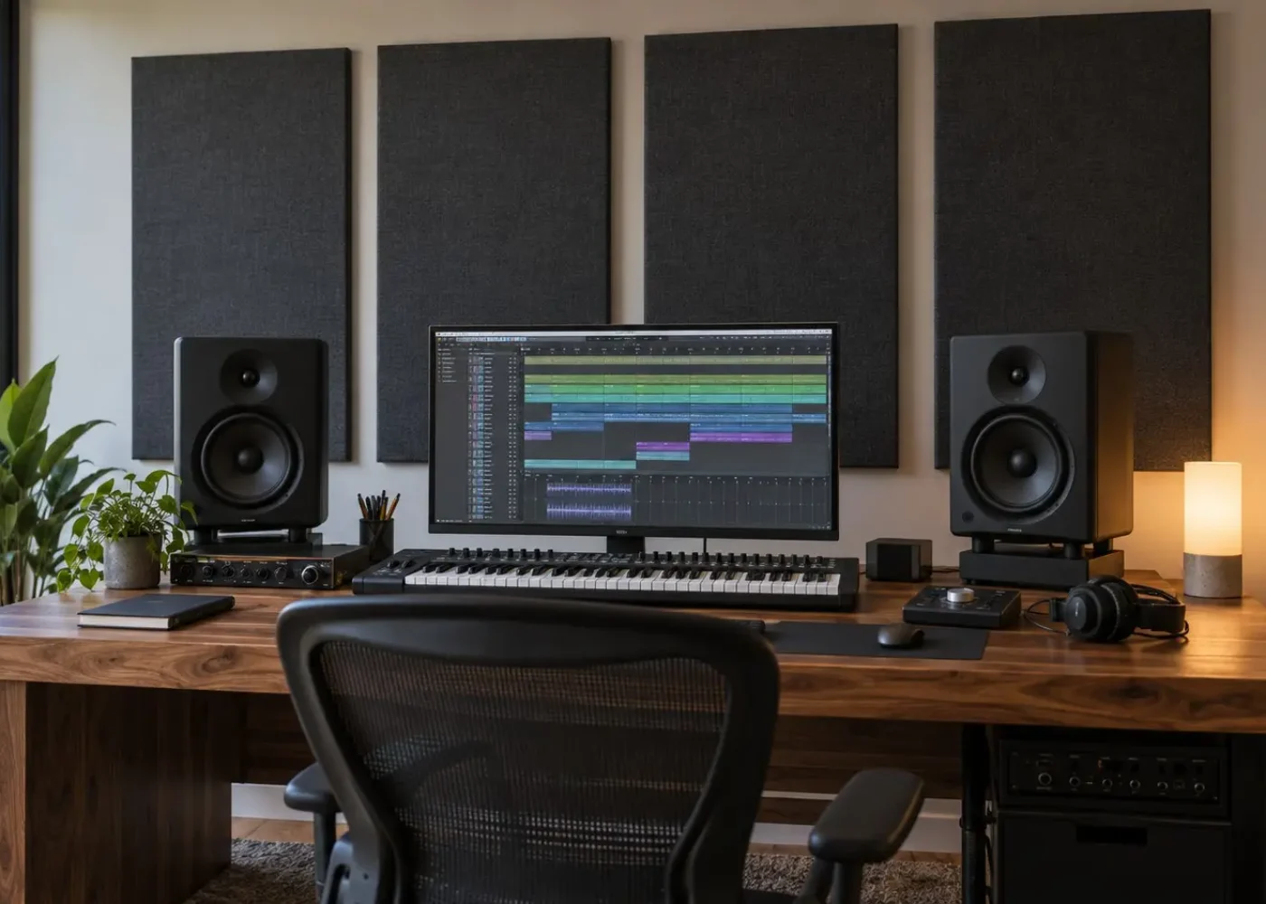 Fabric acoustic wall panels installed behind studio monitors in a home recording studio
